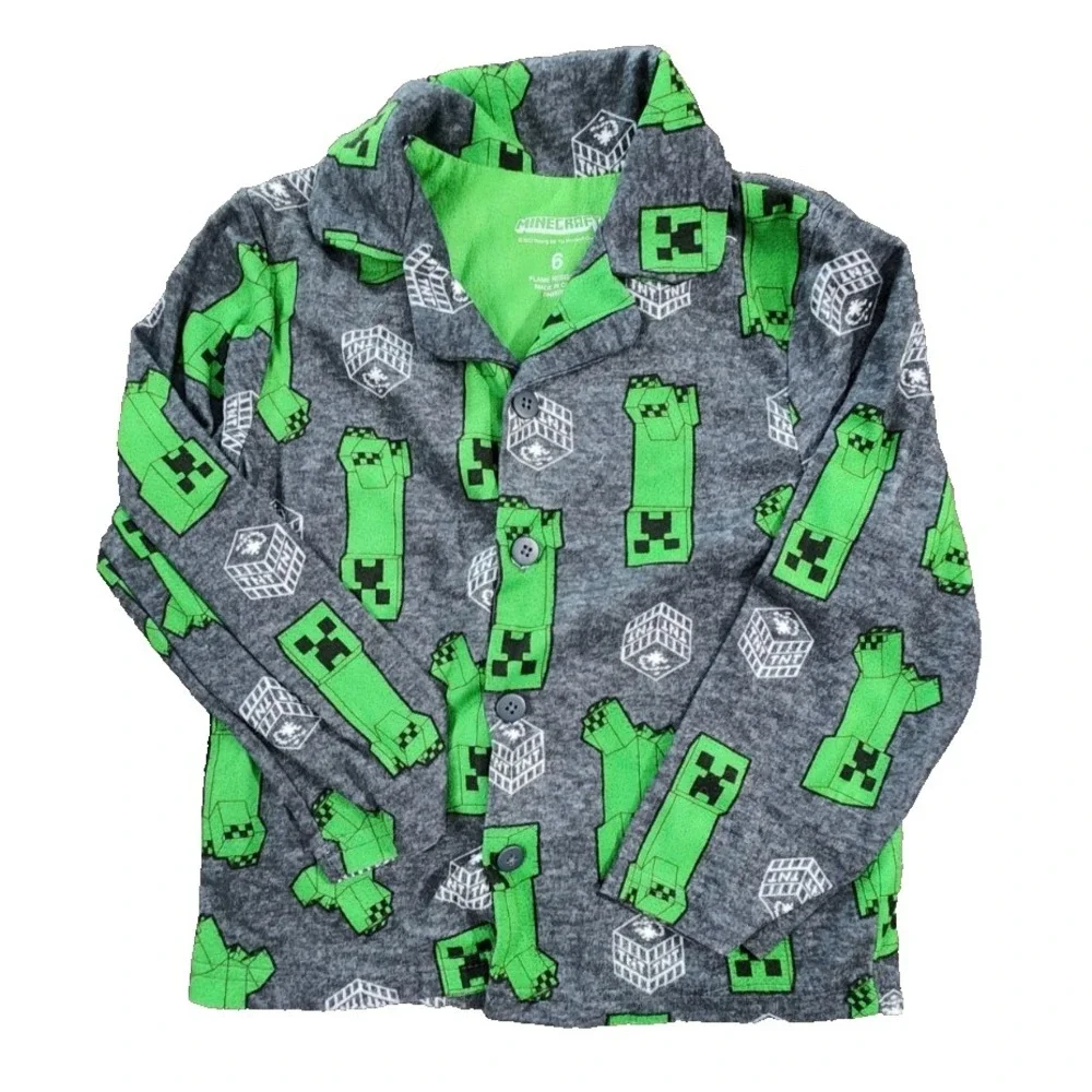 Minecraft Boys Creeper TNT Fleece Pajama Set Gray Green Size 6‎ Button Down 2PC